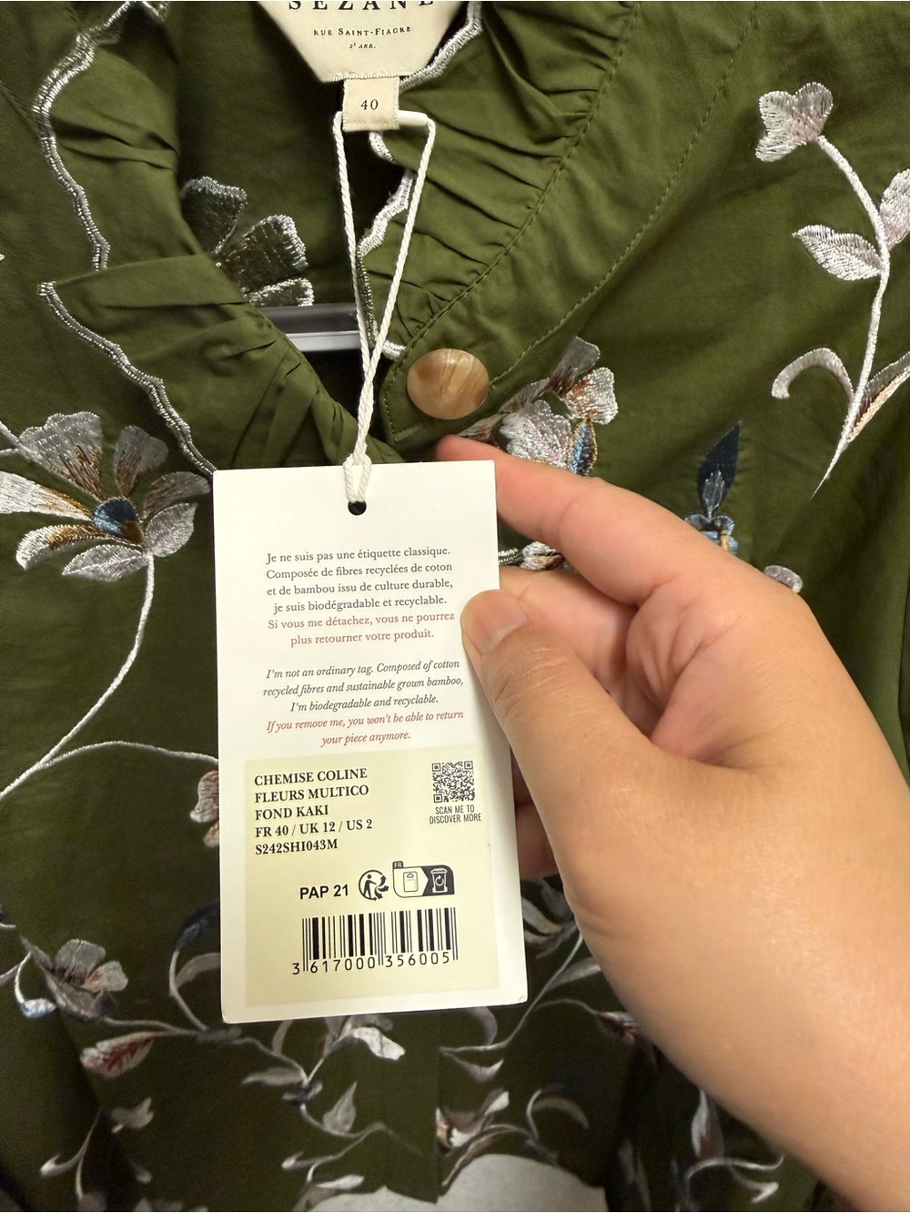Sezane Coline Blouse in Multi-colored Flower on Khaki - Picture 7 of 11